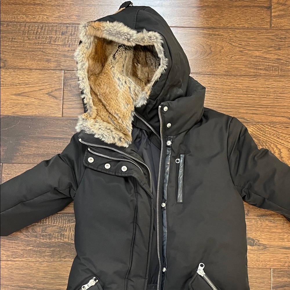 Mackage Black Hooded Jacket with Fur Trim